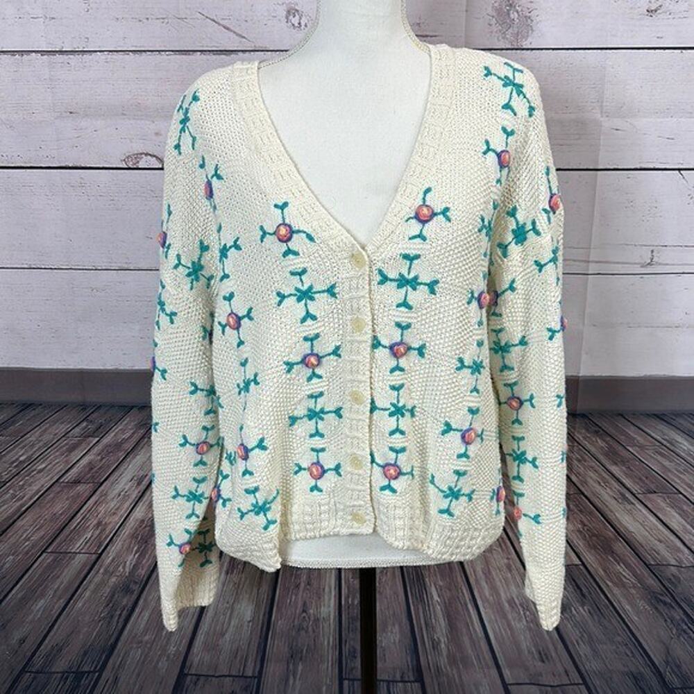 Cape Isle Knitters‎ Cardigan Sweater Women XL Vintage Cottage Chunky Embroidered